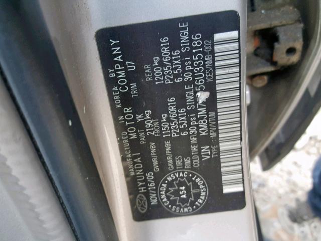 KM8JM72D56U335186 - 2006 HYUNDAI TUCSON GL SILVER photo 10