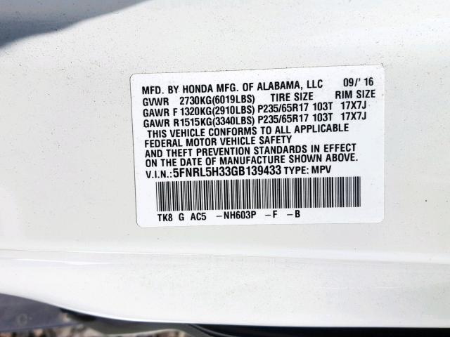 5FNRL5H33GB139433 - 2016 HONDA ODYSSEY SE WHITE photo 10