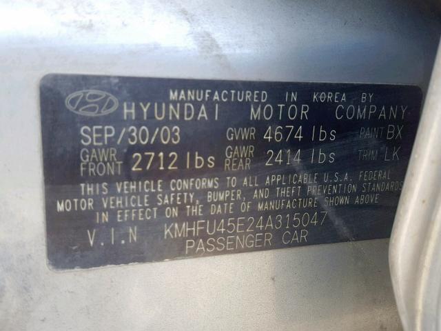 KMHFU45E24A315047 - 2004 HYUNDAI XG 350 SILVER photo 10