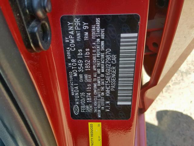 KMHCT5AE6GU279870 - 2016 HYUNDAI ACCENT SE RED photo 10