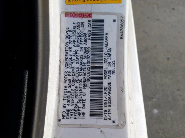 JTHBD182310032269 - 2001 LEXUS IS 300 WHITE photo 10