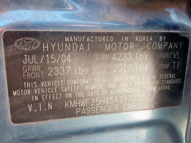 KMHWF25H45A117032 - 2005 HYUNDAI SONATA GL BLUE photo 10