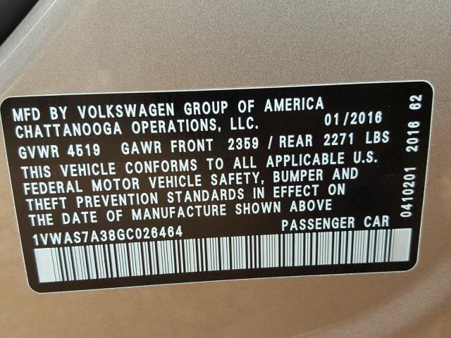 1VWAS7A38GC026464 - 2016 VOLKSWAGEN PASSAT S GOLD photo 10