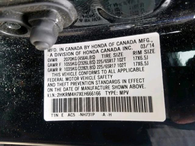 2HKRM4H7XEH666166 - 2014 HONDA CR-V EXL BLACK photo 10