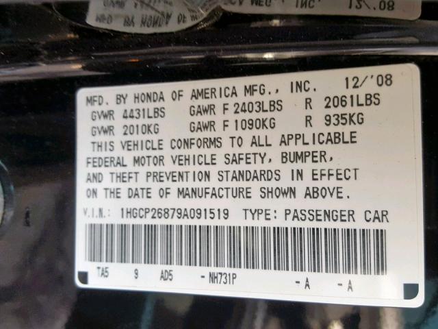 1HGCP26879A091519 - 2009 HONDA ACCORD EXL BLACK photo 10