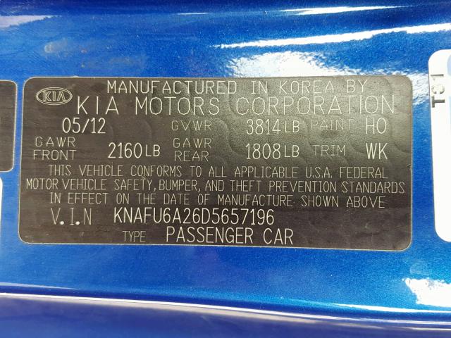 KNAFU6A26D5657196 - 2013 KIA FORTE EX BLUE photo 10