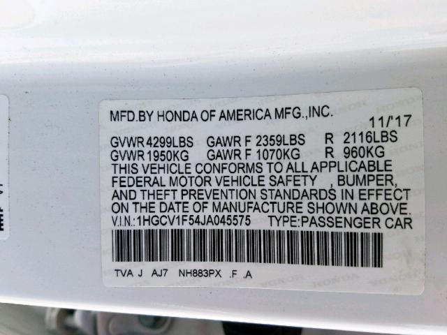 1HGCV1F54JA045575 - 2018 HONDA ACCORD EXL WHITE photo 10