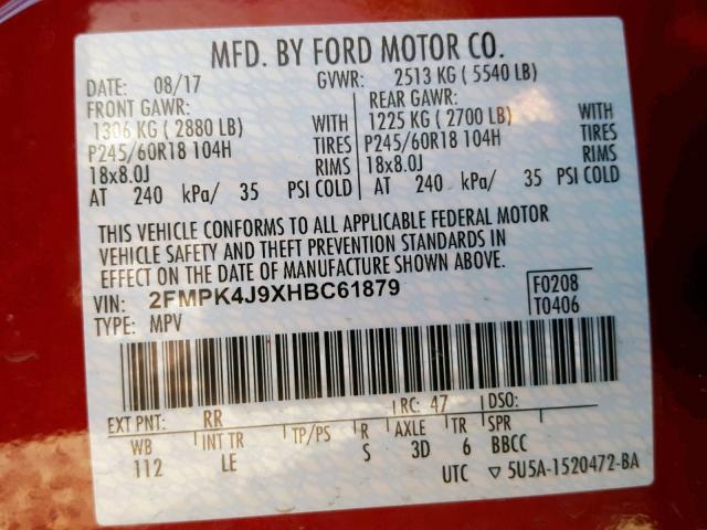 2FMPK4J9XHBC61879 - 2017 FORD EDGE SEL BURGUNDY photo 10