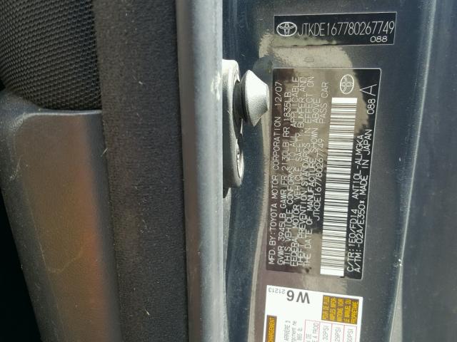 JTKDE167780267749 - 2008 TOYOTA SCION TC BLUE photo 10