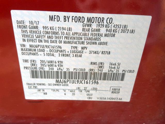 MAJ6P1UL9JC161596 - 2018 FORD ECOSPORT S RED photo 10