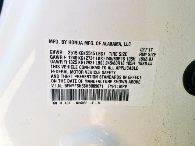 5FNYF5H58HB009671 - 2017 HONDA PILOT EXL WHITE photo 10