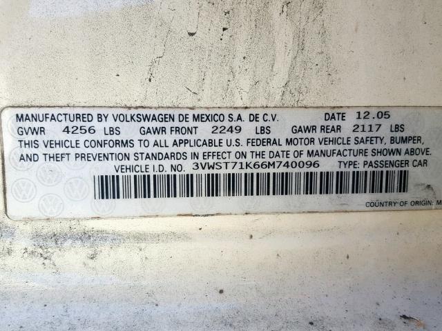 3VWST71K66M740096 - 2006 VOLKSWAGEN JETTA TDI WHITE photo 10