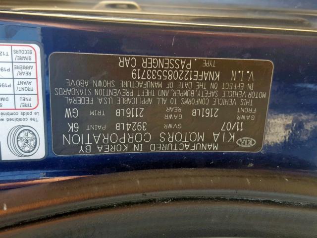 KNAFE122085533719 - 2008 KIA SPECTRA EX BLUE photo 10