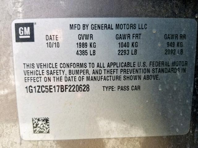 1G1ZC5E17BF220628 - 2011 CHEVROLET MALIBU 1LT 棕色 照片 10