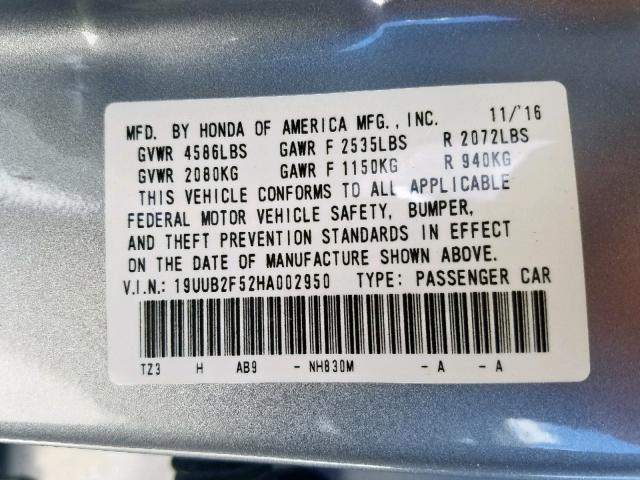 19UUB2F52HA002950 - 2017 ACURA TLX TECH SILVER photo 10