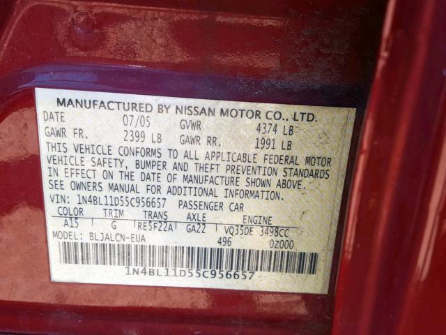 1N4BL11D55C956657 - 2005 NISSAN ALTIMA SE RED photo 10