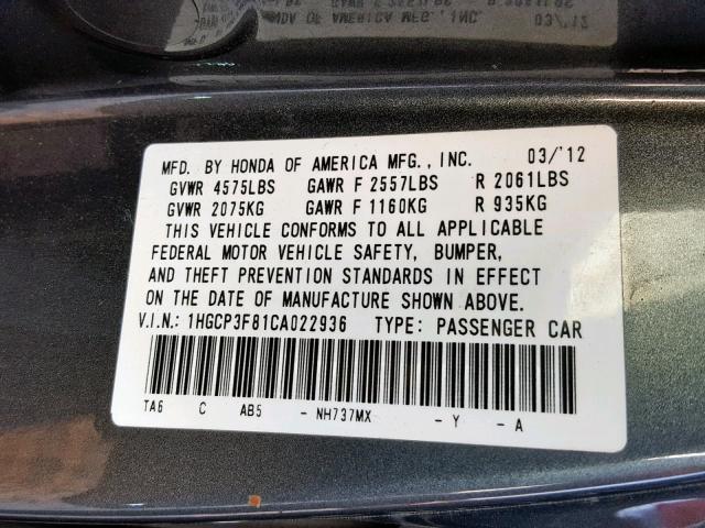 1HGCP3F81CA022936 - 2012 HONDA ACCORD EXL GRAY photo 10