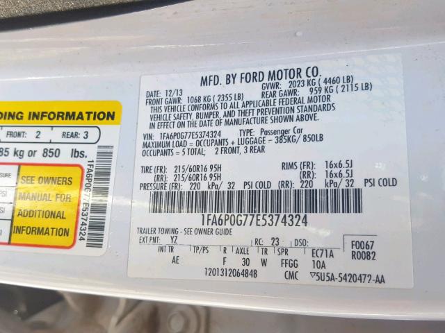 1FA6P0G77E5374324 - 2014 FORD FUSION S WHITE photo 10