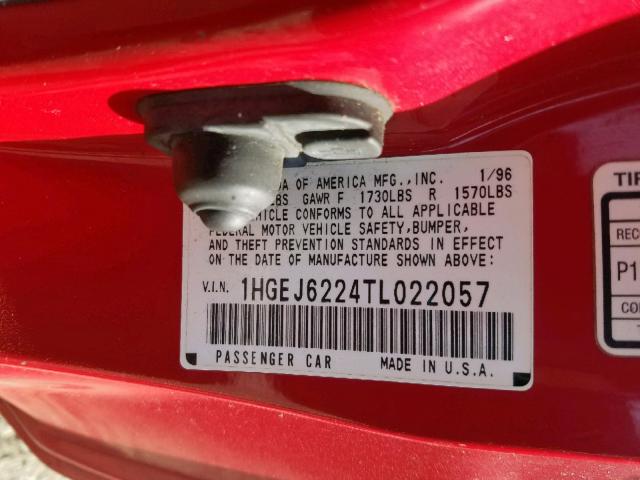 1HGEJ6224TL022057 - 1996 HONDA CIVIC DX RED photo 10