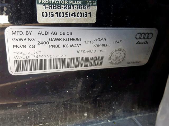 WAUDH74F47N017329 - 2007 AUDI A6 3.2 QUA BLACK photo 10