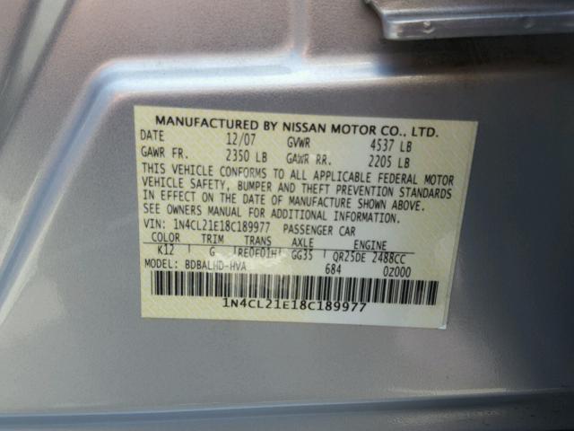 1N4CL21E18C189977 - 2008 NISSAN ALTIMA HYB SILVER photo 10