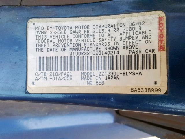 JTDDR32T020140214 - 2002 TOYOTA CELICA GT BLUE photo 10