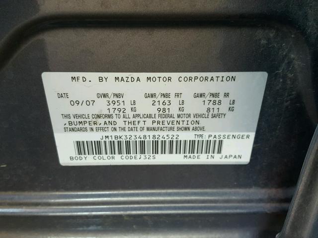 JM1BK323481824522 - 2008 MAZDA 3 S GRAY photo 10