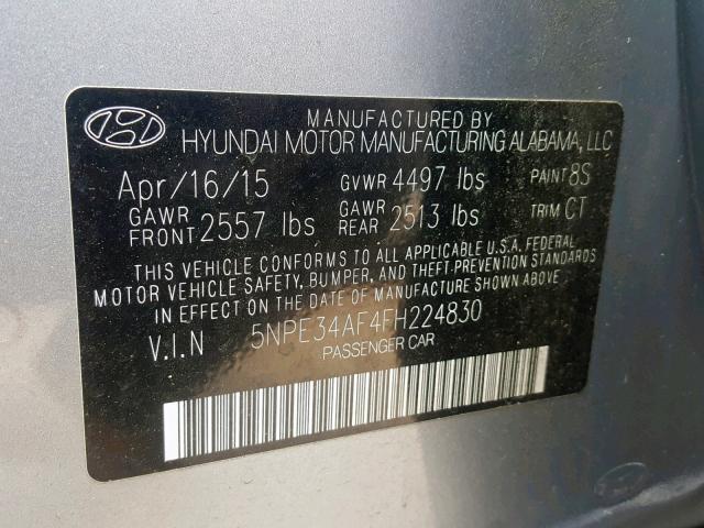 5NPE34AF4FH224830 - 2015 HYUNDAI SONATA SPO GRAY photo 10