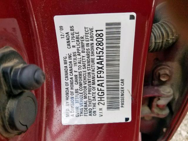 2HGFA1F9XAH528081 - 2010 HONDA CIVIC EXL BURGUNDY photo 10