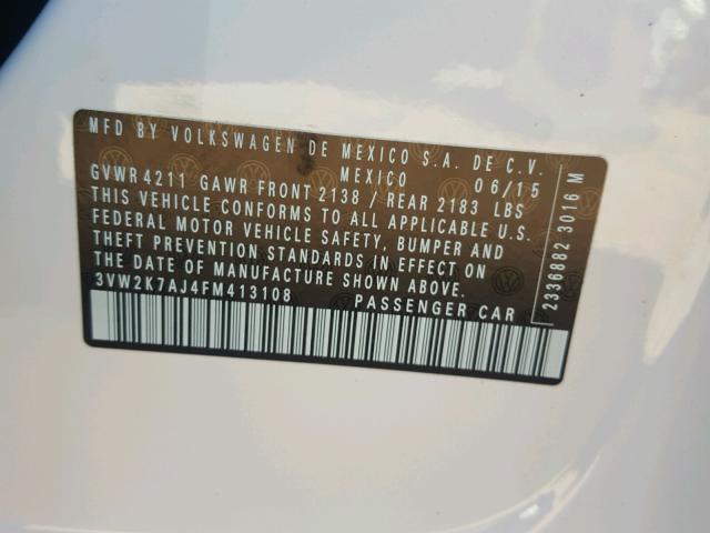 3VW2K7AJ4FM413108 - 2015 VOLKSWAGEN JETTA BASE 白色 照片 10