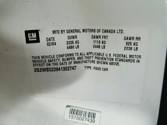 2G2WS522841302747 - 2004 PONTIAC GRAND PRIX WHITE photo 10