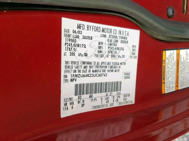 1FMZU64K23UC60743 - 2003 FORD EXPLORER E RED photo 10