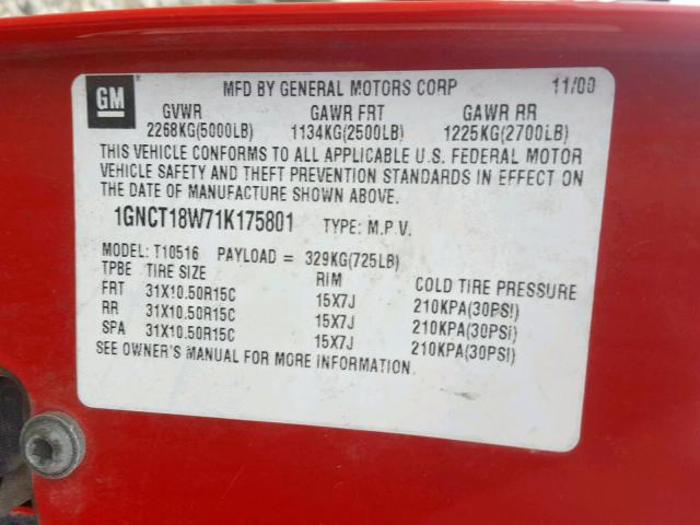 1GNCT18W71K175801 - 2001 CHEVROLET BLAZER RED photo 10