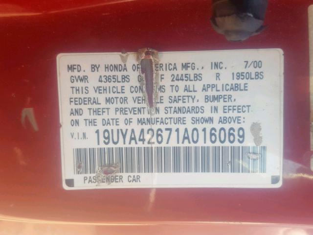 19UYA42671A016069 - 2001 ACURA 3.2CL TYPE RED photo 10