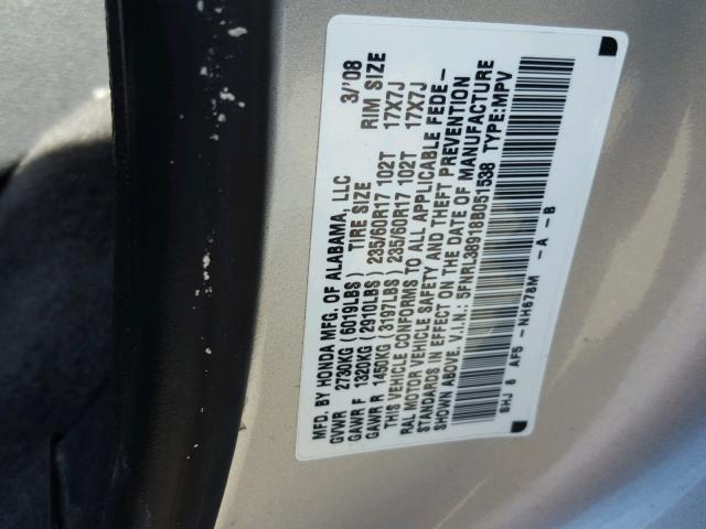 5FNRL38918B051538 - 2008 HONDA ODYSSEY TO SILVER photo 10