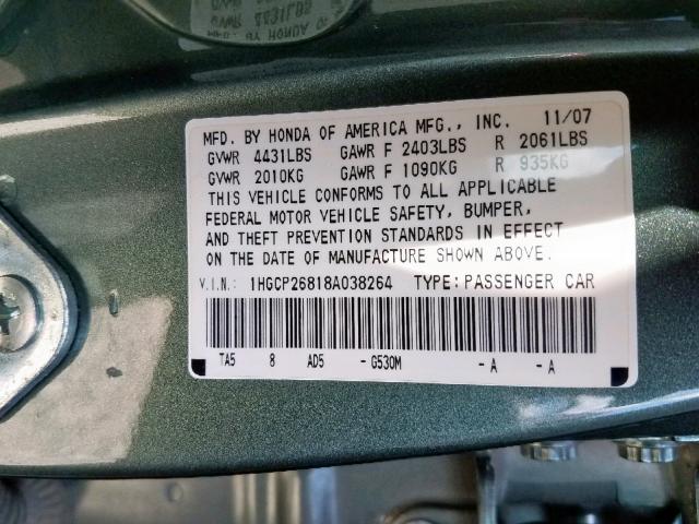 1HGCP26818A038264 - 2008 HONDA ACCORD EXL GREEN photo 10