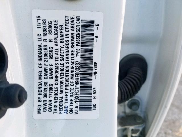 19XFC1F49HE003337 - 2017 HONDA CIVIC EX WHITE photo 10