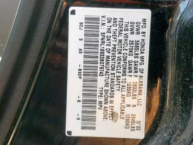 5FNRL18933B079743 - 2003 HONDA ODYSSEY EX BLACK photo 10