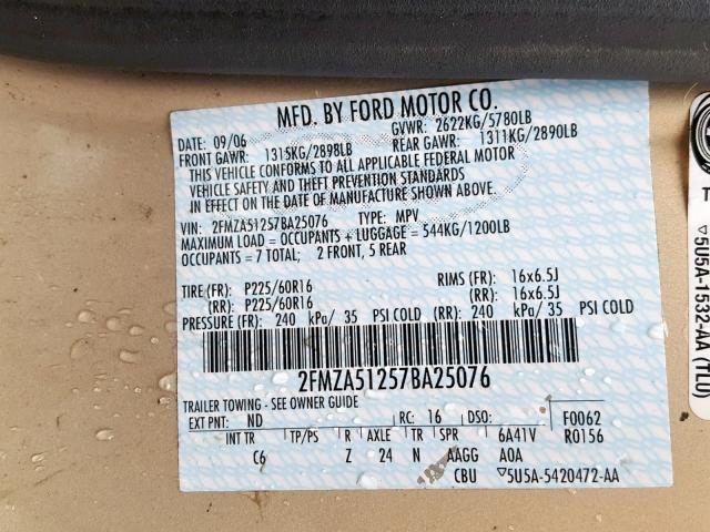 2FMZA51257BA25076 - 2007 FORD FREESTAR S GOLD photo 10