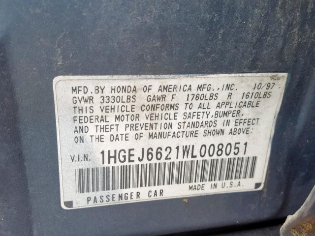 1HGEJ6621WL008051 - 1998 HONDA CIVIC DX BLUE photo 10