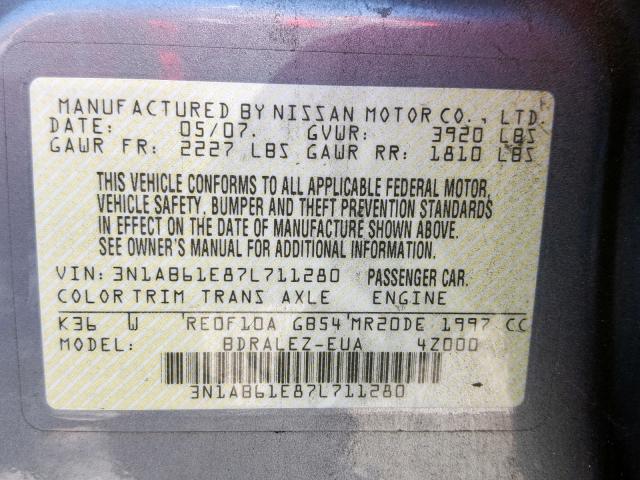 3N1AB61E87L711280 - 2007 NISSAN SENTRA 2.0 GRAY photo 10