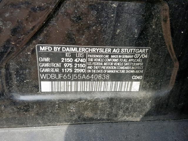 WDBUF65J55A640838 - 2005 MERCEDES-BENZ E 320 BLACK photo 10