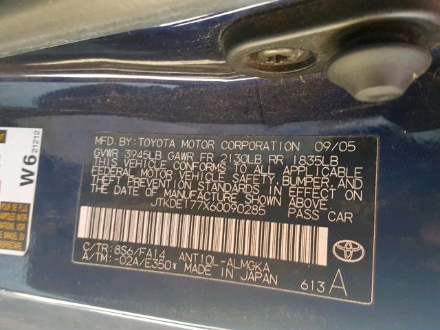 JTKDE177X60090285 - 2006 TOYOTA SCION TC შავი ფოტო 10