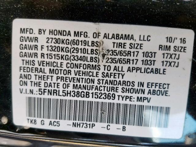 5FNRL5H38GB152369 - 2016 HONDA ODYSSEY SE BLACK photo 10