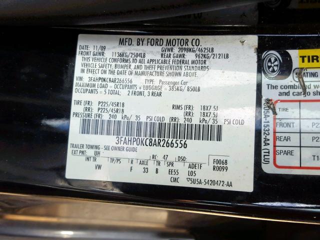 3FAHP0KC8AR266556 - 2010 FORD FUSION SPO BLACK photo 10