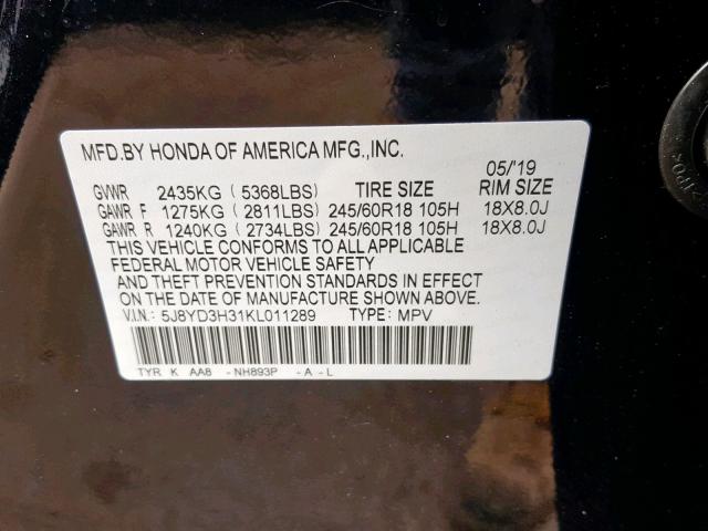 5J8YD3H31KL011289 - 2019 ACURA MDX BLACK photo 10