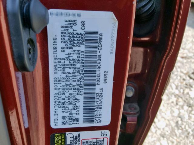 4T1BE32K24U289113 - 2004 TOYOTA CAMRY LE RED photo 10