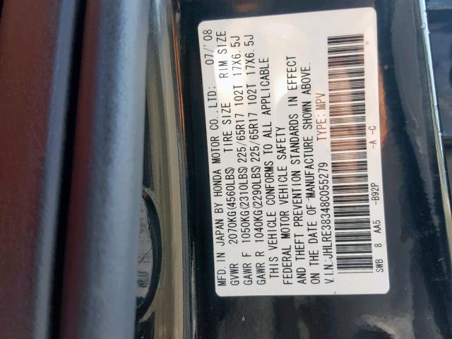 JHLRE38348C055279 - 2008 HONDA CR-V LX BLACK photo 10