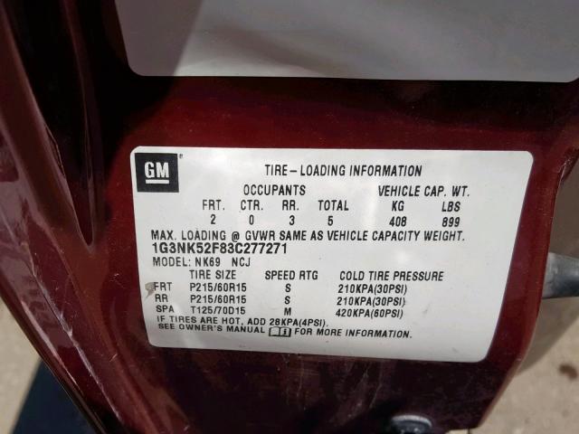 1G3NF52E11C208124 - 2001 OLDSMOBILE ALERO GLS 栗色 照片 10