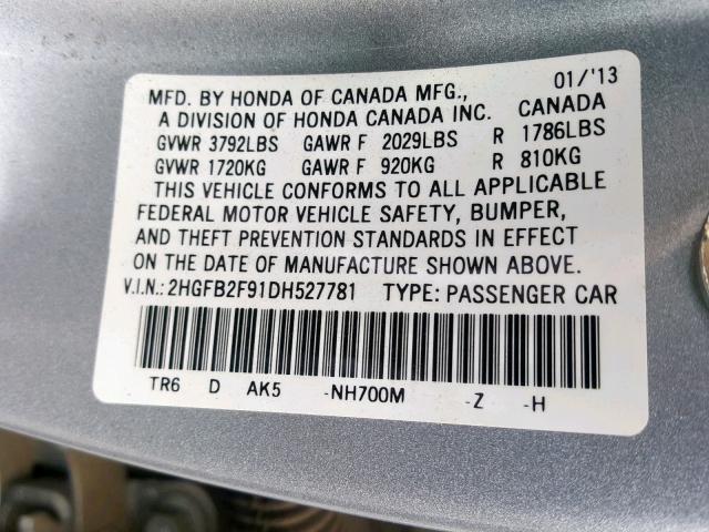 2HGFB2F91DH527781 - 2013 HONDA CIVIC EXL 银色 照片 10